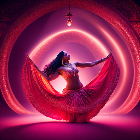 A whimsical illustration of a belly dancer in a twisted, curved pose, with a subtle, glowing red aura surrounding her lower back, hinting at discomfort and strain.