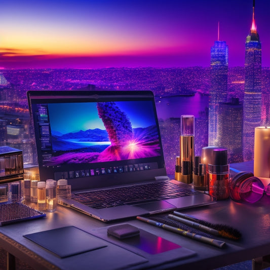 A glamorous dance makeup artist's workstation with a laptop, ring light, and makeup brushes surrounded by vibrant dance-inspired makeup looks on a colorful background with a blurred cityscape at dusk.