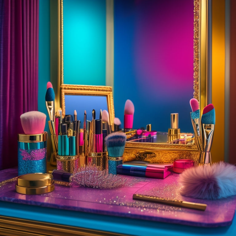 A colorful, glamorous makeup station with various brushes, eyeshadows, and lipsticks arranged neatly on a vanity, surrounded by dance-inspired elements like a pair of pointe shoes and a ballet barre.