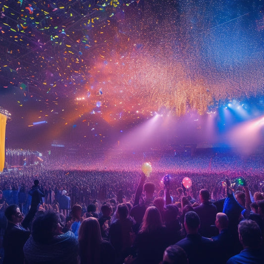 A vibrant illustration of a bustling dance convention: spotlights shining down, dancers in various costumes and poses, confetti and balloons surrounding a central stage with a giant Blueprint logo.