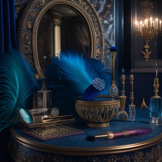 A luxurious, velvet-draped backdrop with a ornate, antique vanity in the center, adorned with an array of elegant makeup brushes, sparkling crystal bottles, and a majestic peacock feather.