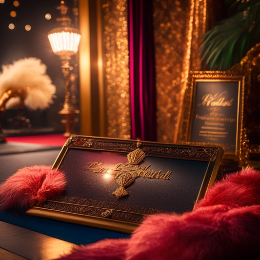 A lavish, gold-framed movie clapboard sits atop a red carpet, surrounded by spotlights, glamorous feathers, and a sprinkling of paparazzi flashes, evoking the glamour of old Hollywood.