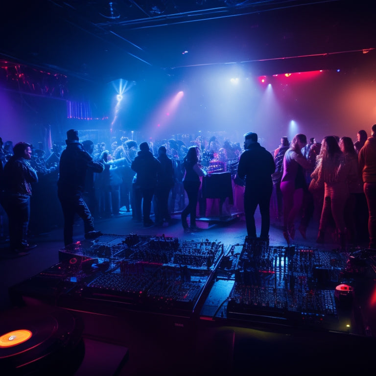 A dark-lit nightclub scene with a DJ spinning records, surrounded by flashing lights and pulsing lasers, amidst a crowd of dancers lost in the rhythm, with turntables, vinyl records, and speakers scattered around.