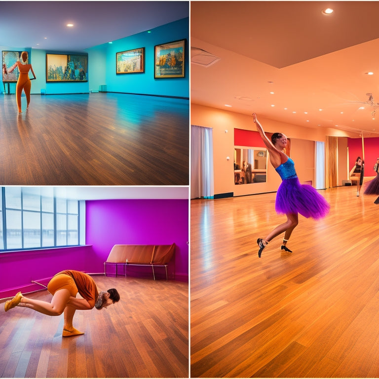 A vibrant dance studio with polished wooden floors, showcasing a variety of stylish wide-fit dance shoes in diverse colors and materials, surrounded by dancers practicing fluid movements, capturing comfort and elegance in their steps.