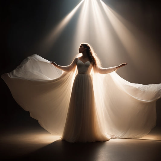 A warm-lit, dimly-lit stage with a solitary female figure, Esther, in a flowing white gown, arms outstretched, lost in expressive dance, surrounded by subtle, shimmering lights and soft, billowy fabrics.