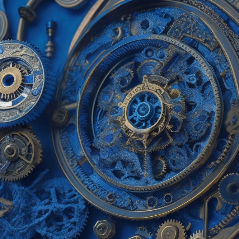 An intricate, whimsical illustration of interlocking gears, cogs, and pendulums, with delicate filigree and ornate clockwork machinery, set against a rich, dark blue background with subtle golden accents.