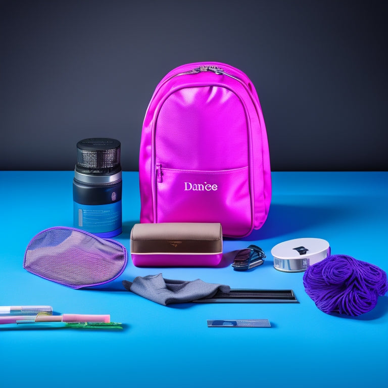 A clutter-free dance bag with neatly rolled up dance attire, a stack of dance shoes, a mesh pouch filled with bobby pins, a small first-aid kit, and a compact mirror lying open.