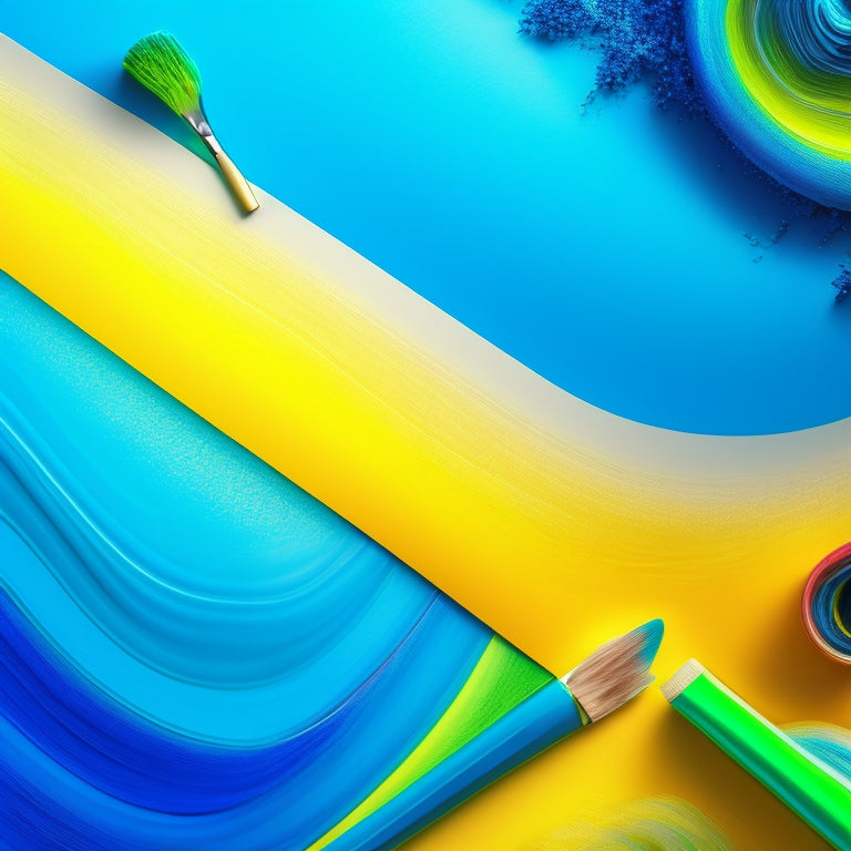 A vibrant, abstract illustration featuring swirling shapes in shades of blue, green, and yellow, with paintbrushes, pencils, and musical notes intertwined, set against a bright, gradient background.
