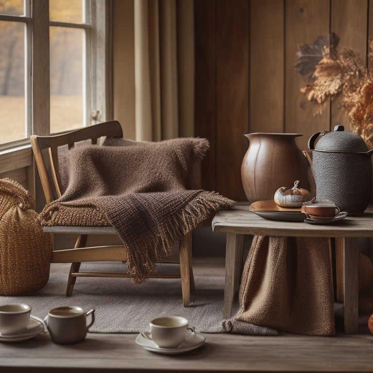 A cozy, inviting scene featuring a variety of stylish Merino wool sweaters in rich, earthy tones, artfully draped over a rustic wooden chair, surrounded by soft autumn leaves, warm knit accessories, and a steaming cup of tea.