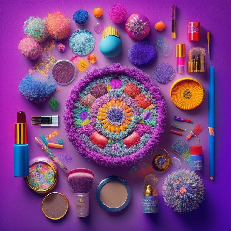 A vibrant, whimsical illustration of a human brain with colorful, swirling patterns and shapes bursting out, surrounded by scattered makeup brushes, lipstick, and compact mirrors.