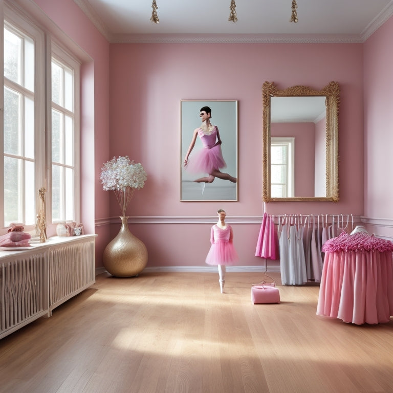 A bright, inviting ballet studio with polished wooden floors, featuring various ballet gear: soft pink ballet shoes, a delicate leotard, a cozy wrap sweater, and a sturdy dance bag, all neatly arranged beside a mirrored wall.