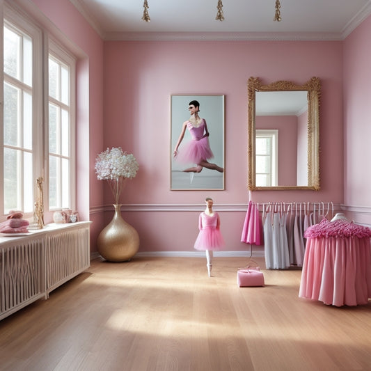 A bright, inviting ballet studio with polished wooden floors, featuring various ballet gear: soft pink ballet shoes, a delicate leotard, a cozy wrap sweater, and a sturdy dance bag, all neatly arranged beside a mirrored wall.