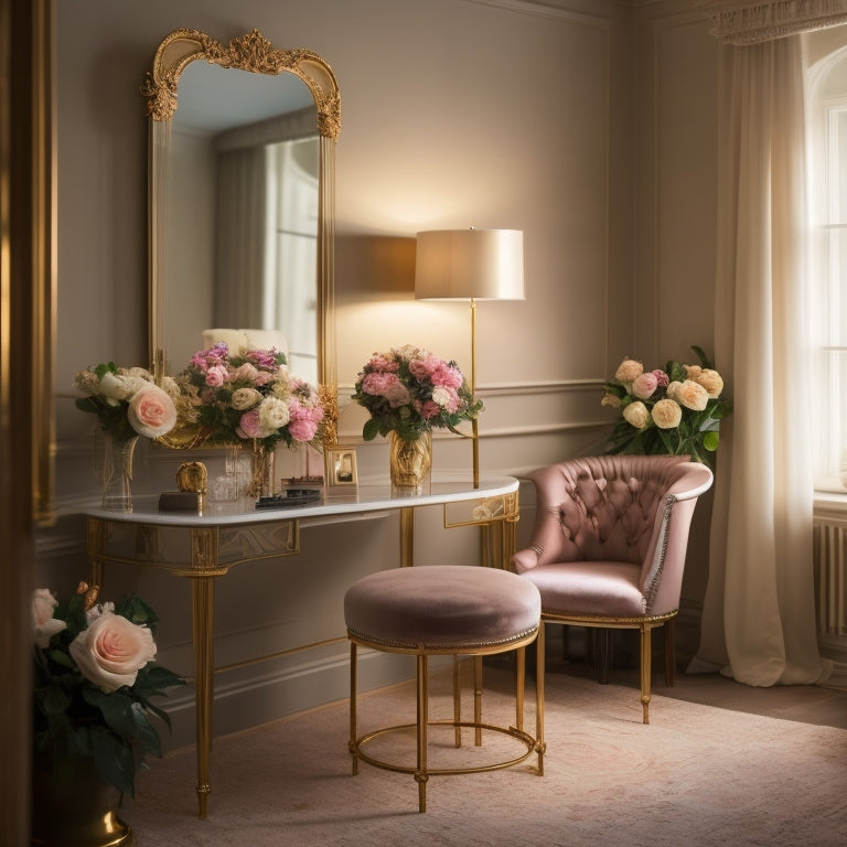 A serene, well-lit beauty studio with a elegant makeup station, a velvet-covered chair, and a floor-to-ceiling mirror, surrounded by elegant flower arrangements and soft, golden lighting.