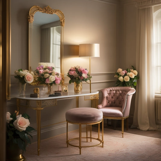 A serene, well-lit beauty studio with a elegant makeup station, a velvet-covered chair, and a floor-to-ceiling mirror, surrounded by elegant flower arrangements and soft, golden lighting.