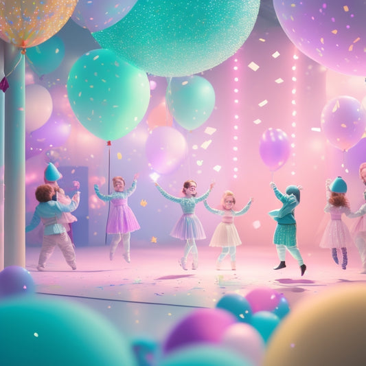 A whimsical illustration of a pastel-hued dance floor, surrounded by sparkling balloons, glowing neon lights, and adorable, stylized anime-inspired characters dancing in sync, surrounded by confetti and glitter.