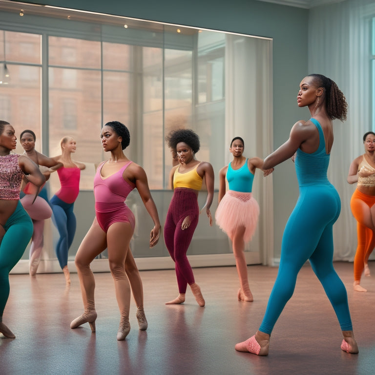 An illustration of a diverse group of dancers of varying abilities, ages, and racial backgrounds gathered in a bright, spacious studio with mirrors, barres, and inclusive accessibility features.