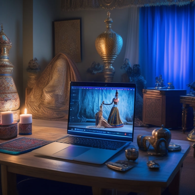 A serene, dimly lit dance studio with a MacBook and video editing software open on a desk, surrounded by belly dance props and costumes, with a subtle Middle Eastern-inspired pattern in the background.