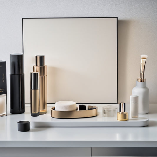 A minimalist, modern makeup station with a few, carefully selected products and tools, organized on a sleek, white countertop, surrounded by a calm, blurred background.