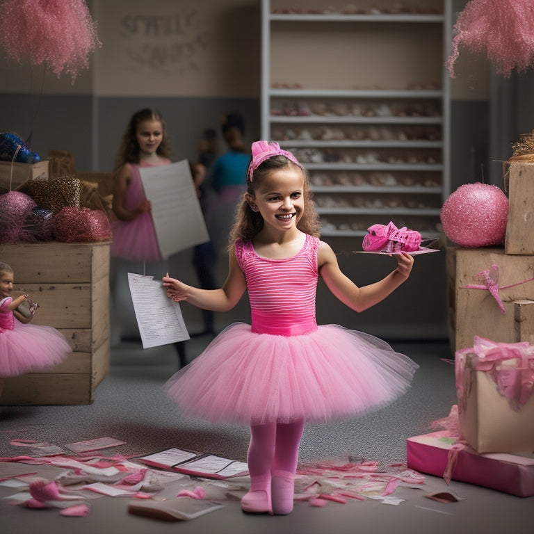 A whimsical illustration of a smiling young girl, dressed in a pink tutu, standing in a ballet studio surrounded by ballet bars, mirrors, and scattered ballet shoes, holding a worksheet with ballet steps.