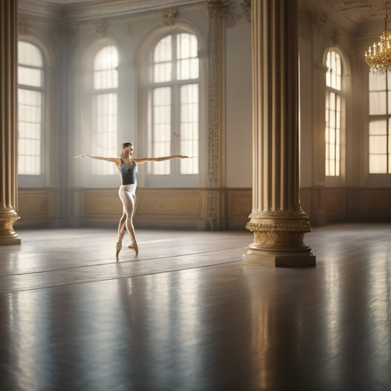 A serene, dimly lit dance studio with a lone dancer in a flowing white leotard, grasping an arabesque double barre, surrounded by mirrors and wooden floors, with soft, golden lighting.