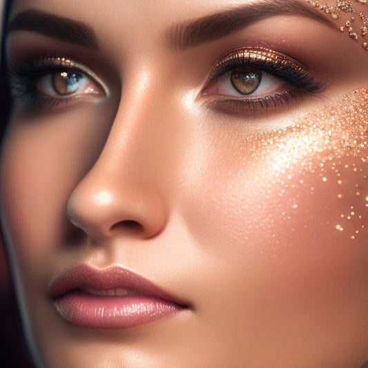 A close-up of a dancer's face, spotlight shining on flawless, glowing skin, bold eyeliner, and luscious lashes, with a subtle sparkle on the cheekbones, surrounded by blurred dance studio lights.