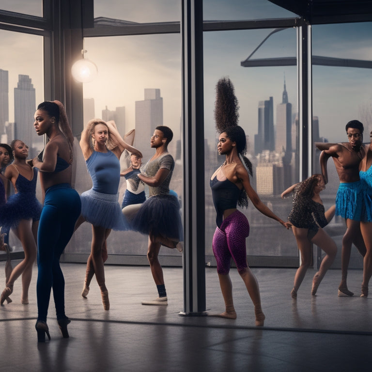 A vibrant illustration of a diverse group of students in a dance studio, surrounded by mirrors and barres, with a cityscape of New York City visible through the windows.