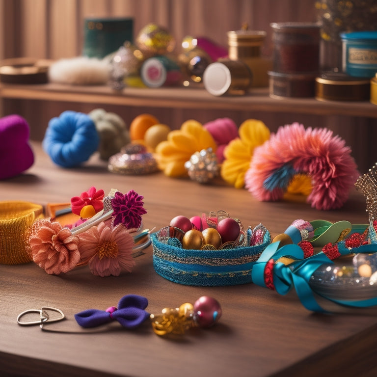 A vibrant array of hair headbands displayed on a wooden table, featuring styles like floral, velvet, and sporty, surrounded by hair accessories like clips and pins, with soft natural light illuminating the scene.