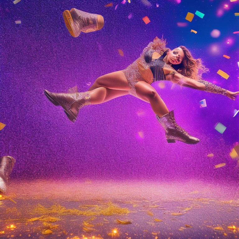 A dynamic illustration of a dancer in mid-air, surrounded by shattered boots of various styles, with confetti and glittering lights in the background, conveying energy, freedom, and celebration.