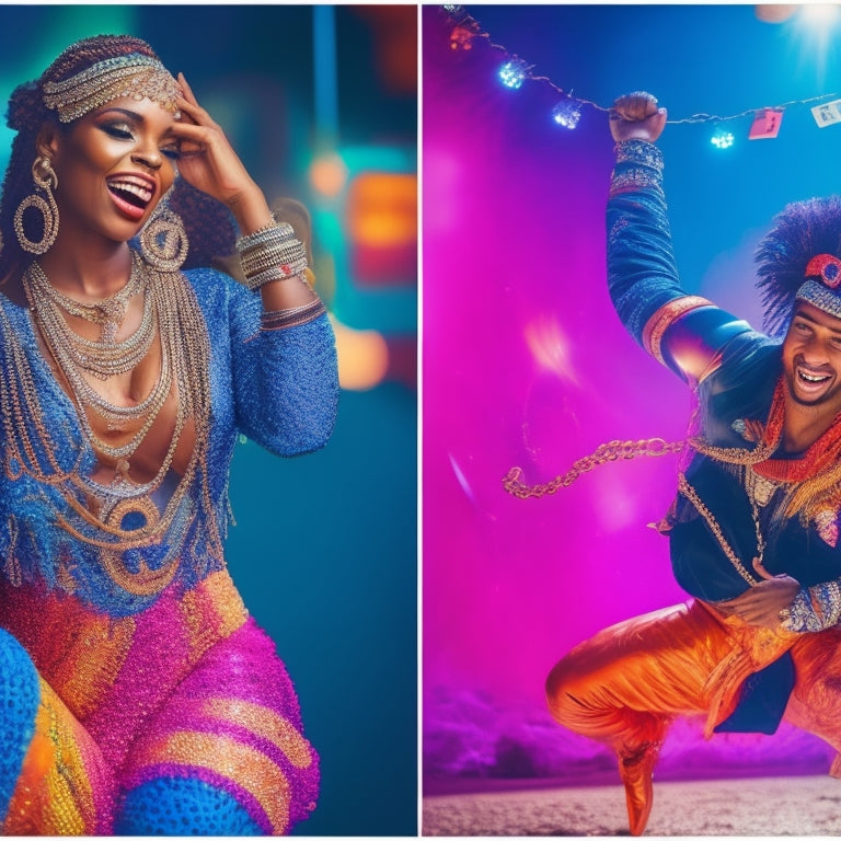 A split-screen image: on the left, a person stuck in front of a pricey camera with chains and locks, while on the right, a person freely dancing in a vibrant, colorful background with creative editing tools surrounding them.