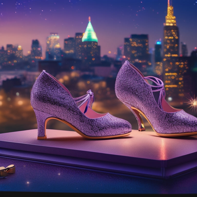 A whimsical illustration of a pair of dancing shoes, surrounded by sparkles and musical notes, with a subtle cityscape or stage lights in the background, conveying energy and joy.