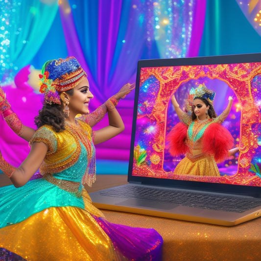 A whimsical illustration of a young girl, dressed in a colorful belly dance costume, standing in front of a laptop screen displaying a virtual dance competition stage, surrounded by sparkly dance props and flowers.