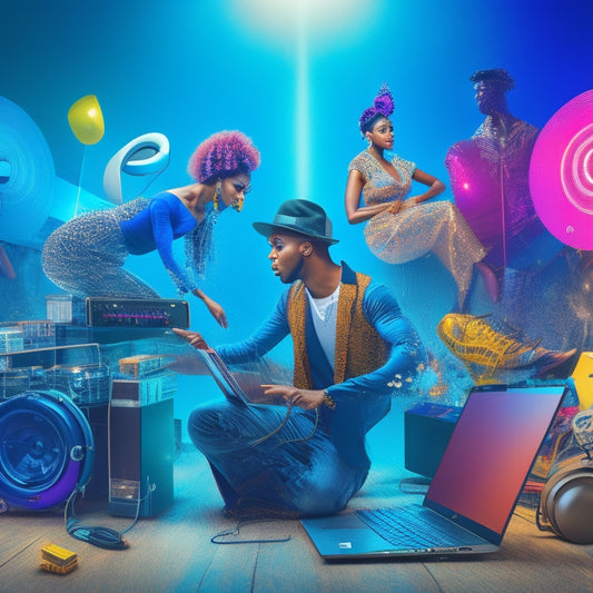 A stylized illustration of a dance artist surrounded by laptops, headphones, and music notes, with digital product icons and shopping carts incorporated into the background, blending dance and e-commerce elements.