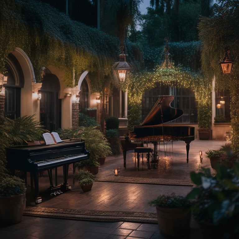 A warm, moonlit courtyard filled with lush greenery, twinkling string lights, and ornate lanterns, set with a grand piano, velvet drapes, and a dance floor, awaiting a magical evening of music and dance.