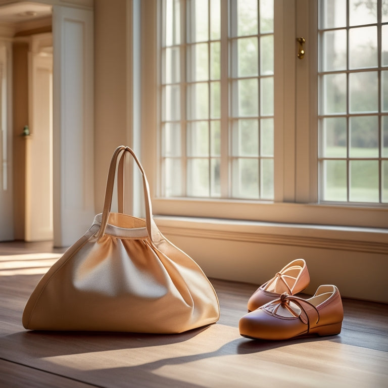 A stylish ballet tote bag on a wooden dance studio floor, surrounded by ballet shoes, a water bottle, and a neatly rolled-up yoga mat, with soft morning light streaming through large windows.