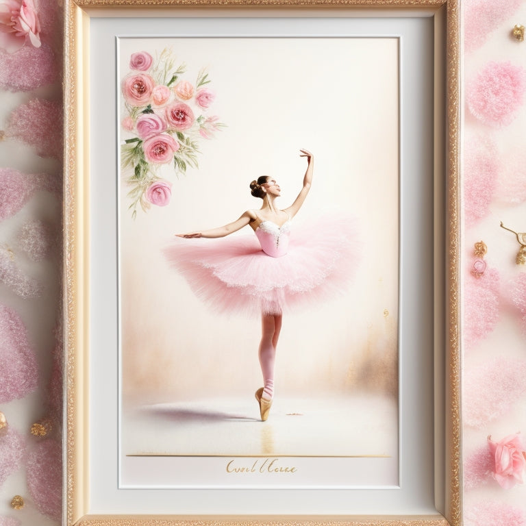 A delicate, hand-painted watercolor design featuring a whimsical ballerina in soft pink hues, surrounded by elegant florals and subtle, shimmering gold accents on a creamy white background.