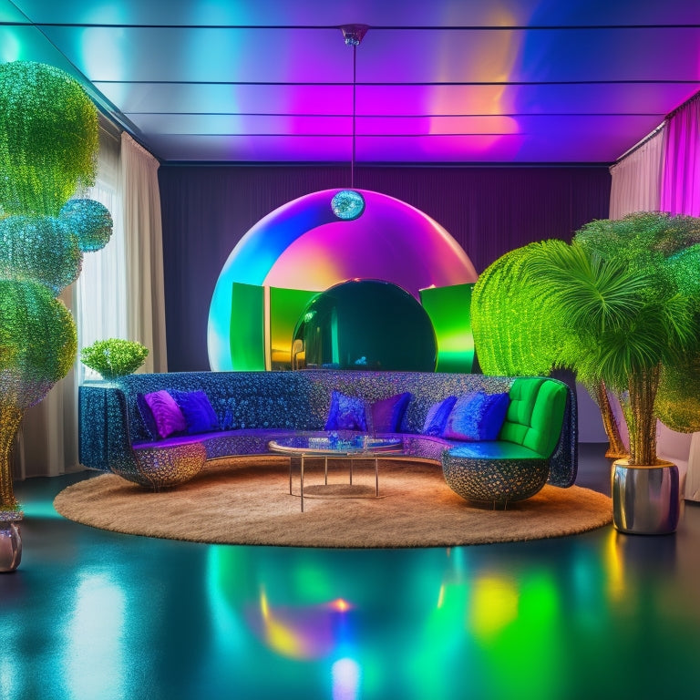 A vibrant, futuristic room with a giant, mirrored disco ball suspended from the ceiling, reflecting a kaleidoscope of colors, surrounded by sleek, minimalist furniture and lush greenery.