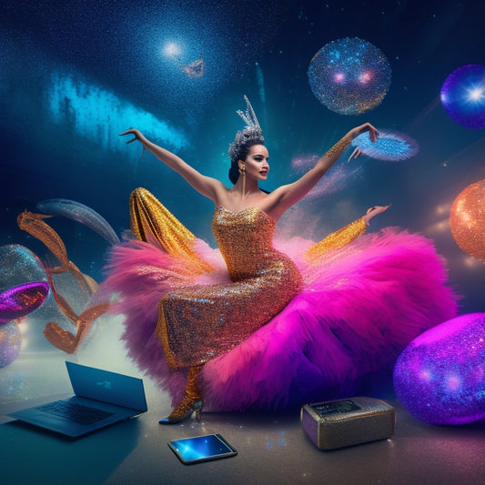 A whimsical illustration featuring a dancer in a sparkling costume, surrounded by floating laptops, tablets, and smartphones, with digital threads and glittering fabrics swirling around them, blending technology and artistry.