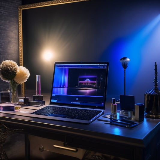 A glamorous, spotlight-lit dance stage with a vanity in the foreground, adorned with makeup brushes, colorful eyeshadows, and a laptop displaying a digital portfolio on the screen.