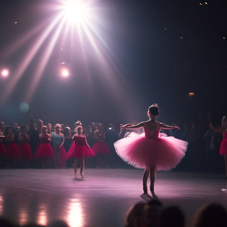 A warm, dimly lit stage with a spotlight shining down on a young dancer in mid-pirouette, her sparkly tutu fluttering, surrounded by blurred, darkened audience members.