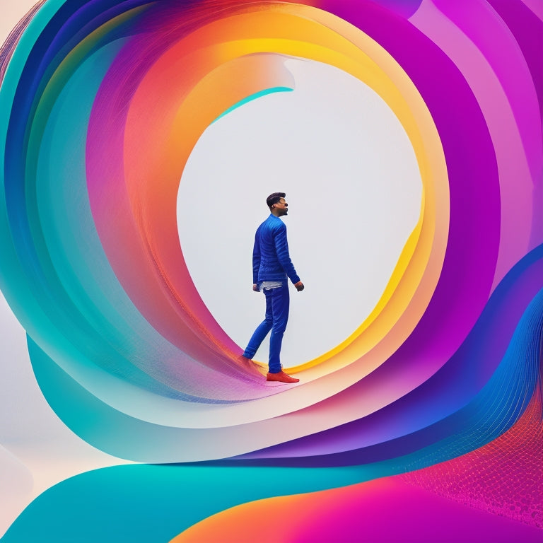 A colorful, minimalist background with a stylized, abstract representation of a person, surrounded by swirling shapes and lines resembling creative sparks, with a subtle, modern resume outline in the center.