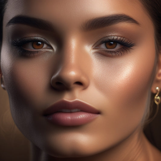 A close-up of a dancer's face, highlighting a flawless, radiant makeup base: smooth, even-toned skin, subtle contouring, and a natural-looking glow, set against a soft, dark background.