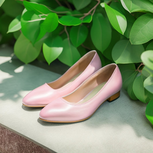 A pair of stylish pink leather shoes resting on a soft, white marble surface, surrounded by delicate green leaves and a light blush fabric, highlighting the shoes' texture and vibrant color in natural light.