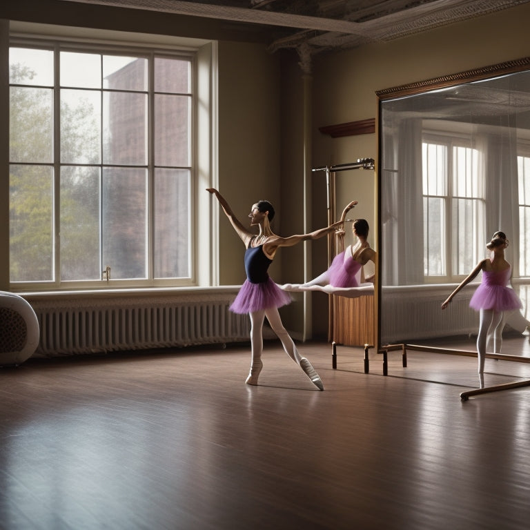 A ballet studio interior with a wooden barre attached to a mirrored wall, a few ballet shoes and a water bottle on the floor, and a single, slender dancer in a plié position.