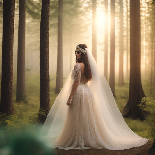 A whimsical, dreamy scene: a misty forest clearing at dusk, soft golden light filtering through towering trees, a delicate, beaded wedding veil draped elegantly over a vintage, ornate mirror.