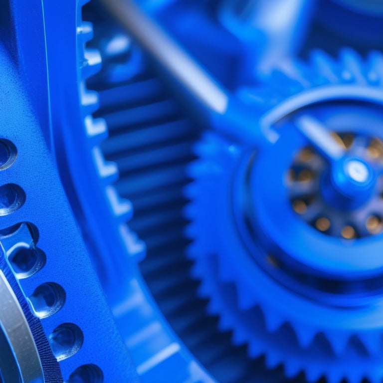 A close-up of a gear mechanism with a few gears highlighted in bright blue, surrounded by a subtle grid background, conveying a sense of technicality and precision.