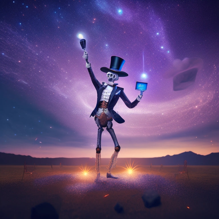 A whimsical illustration of a skeleton in a top hat and coat, dancing in front of a giant, glowing smartphone, surrounded by swirling digital code and sparks, set against a dark, starry night sky.