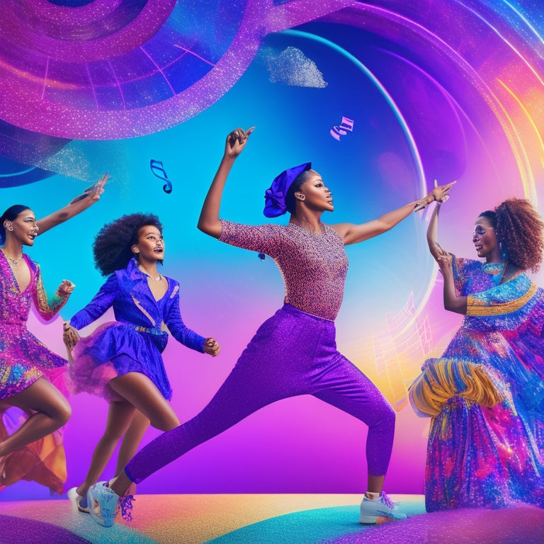 A vibrant background with swirling colors of pink, blue, and yellow, featuring illustrations of high school students dancing in various styles, surrounded by music notes and dynamic shapes.