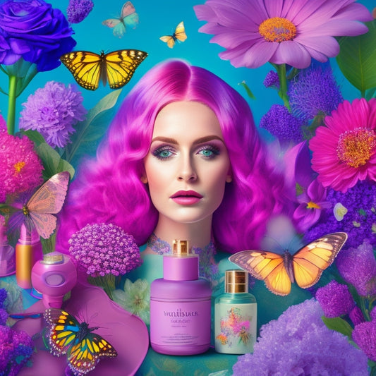A whimsical, dreamlike illustration featuring Tegan, a young woman with vibrant pink hair, surrounded by a kaleidoscope of beauty products, flowers, and butterflies, set against a soft, gradient purple background.