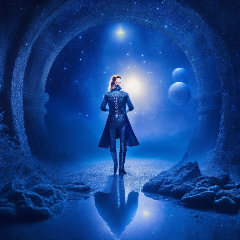 A whimsical illustration of a labyrinth, with glowing orbs and twinkling stars, surrounded by eerie mist, featuring David Bowie's iconic silhouette in the center, dressed in his Jareth attire.