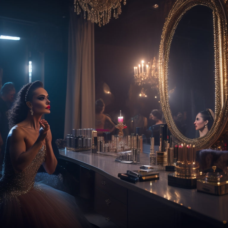 A glamorous, dimly lit dance studio with a vanity in the center, surrounded by makeup brushes, palettes, and mirrors, featuring a dancer in a sparkling costume, gazing at her reflection.